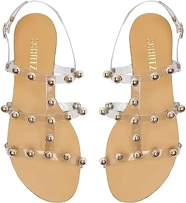 Schutz Yarin Clear Vinyl Metallic Studs Ankle Strap Open Toe Flat Sandals