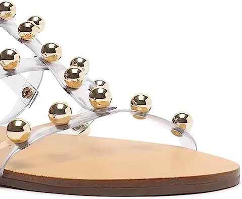 Schutz Yarin Clear Vinyl Metallic Studs Ankle Strap Open Toe Flat Sandals