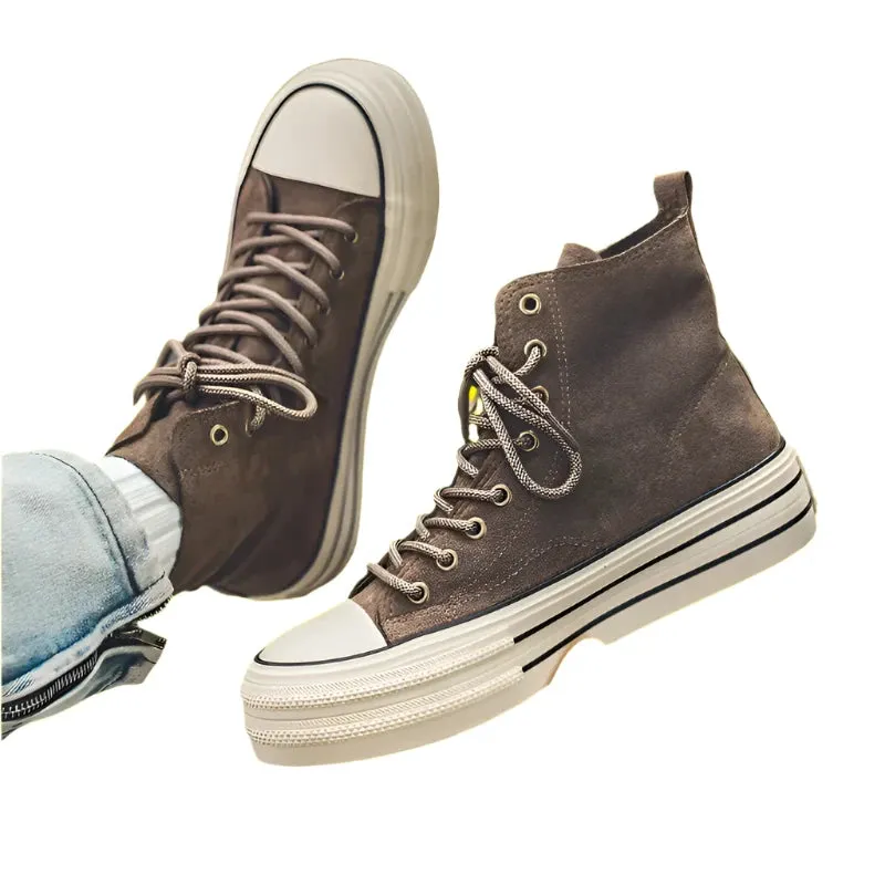 Vintage Brown Suede High-Top Sneakers – Comfortable Casual Lace-Up Shoes for Men with Thick Sole