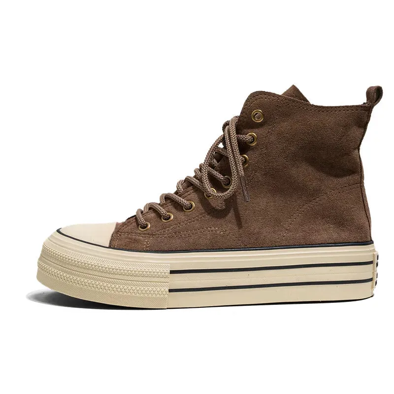 Vintage Brown Suede High-Top Sneakers – Comfortable Casual Lace-Up Shoes for Men with Thick Sole