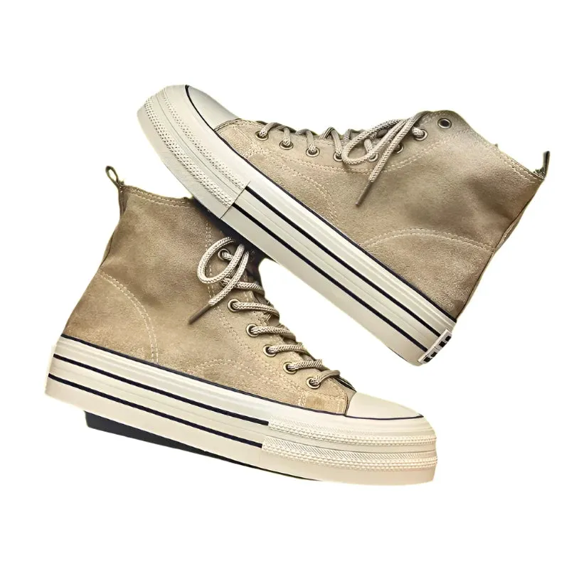 Vintage Brown Suede High-Top Sneakers – Comfortable Casual Lace-Up Shoes for Men with Thick Sole