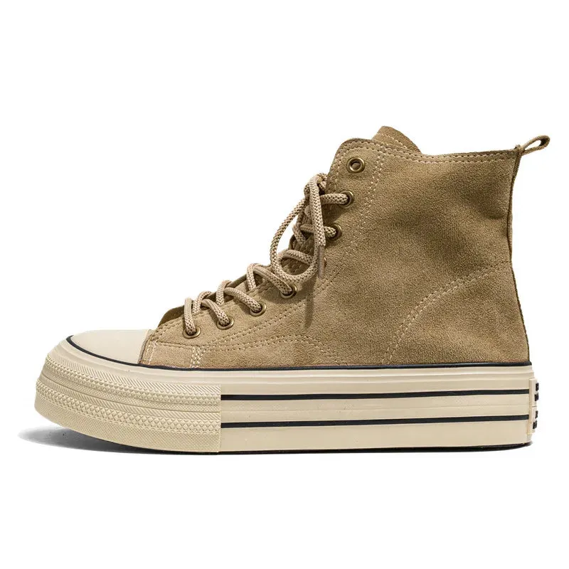 Vintage Brown Suede High-Top Sneakers – Comfortable Casual Lace-Up Shoes for Men with Thick Sole