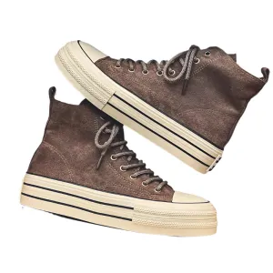 Vintage Brown Suede High-Top Sneakers – Comfortable Casual Lace-Up Shoes for Men with Thick Sole