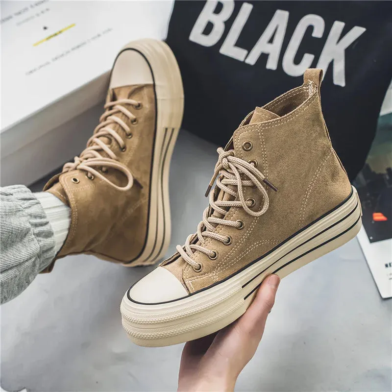 Vintage Brown Suede High-Top Sneakers – Comfortable Casual Lace-Up Shoes for Men with Thick Sole
