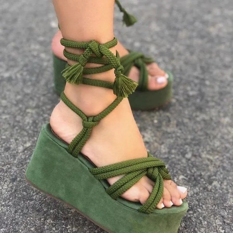 Women's chunky platform wedge heels ankle tie-up sandals rome style strappy sandals