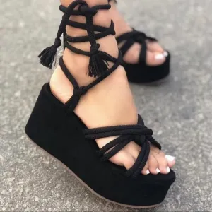 Women's chunky platform wedge heels ankle tie-up sandals rome style strappy sandals