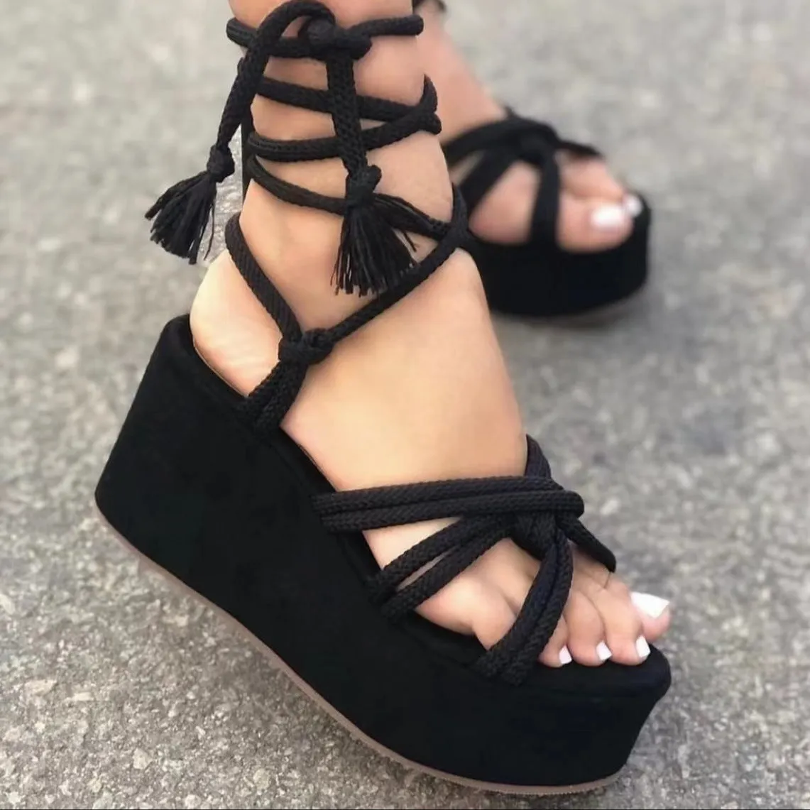 Women's chunky platform wedge heels ankle tie-up sandals rome style strappy sandals