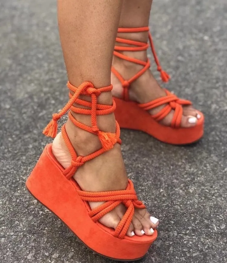Women's chunky platform wedge heels ankle tie-up sandals rome style strappy sandals