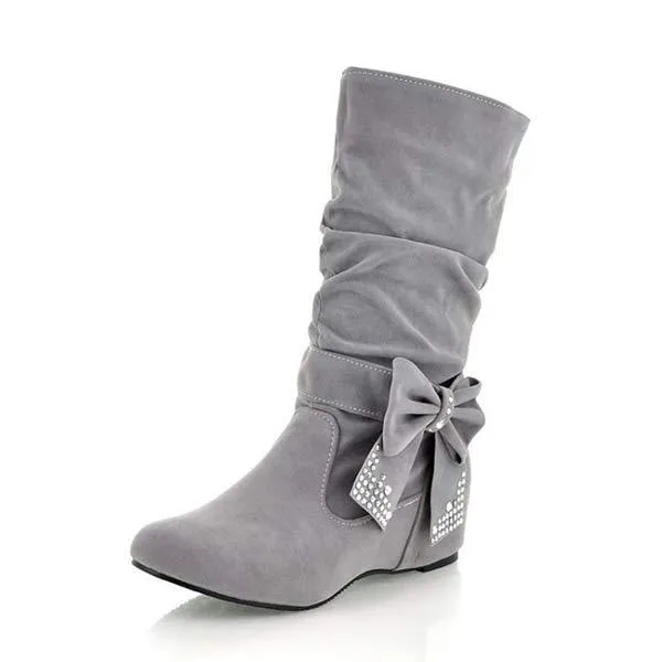 Women'S Suede Mid Boots Bow Inner Booster Ankle Boots 21776885C