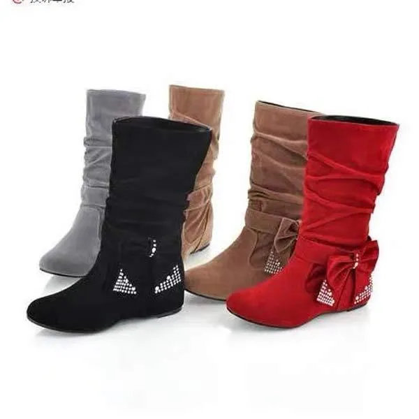 Women'S Suede Mid Boots Bow Inner Booster Ankle Boots 21776885C