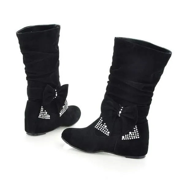 Women'S Suede Mid Boots Bow Inner Booster Ankle Boots 21776885C
